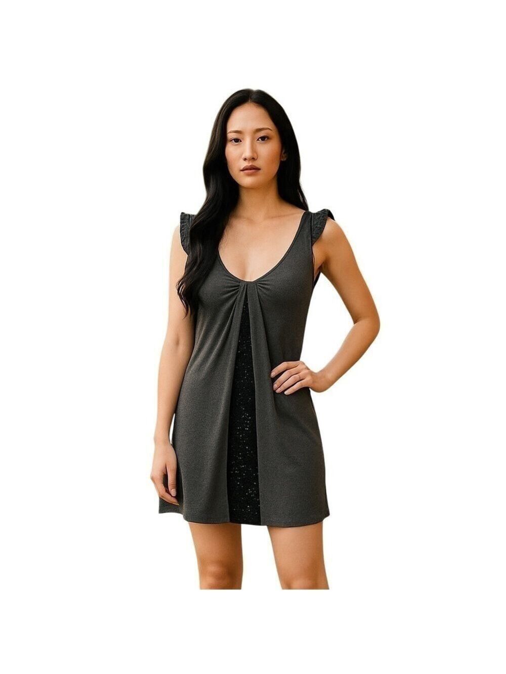 Anthropologie Bordeaux Los Angeles sleeveless gray tank dress black beads Size S